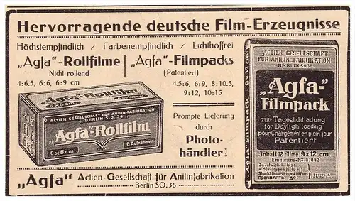 original Werbung - 1916 - AGFA - Filmpack , Rollfilme , Kamera , Camera , Photographie !!!