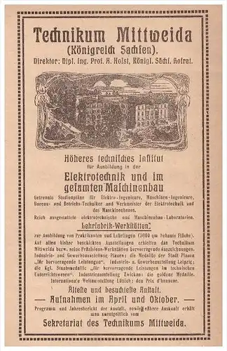 original Werbung - 1915 - Technikum Mittweida , Königreich Sachsen , Elektrotechnik !!!