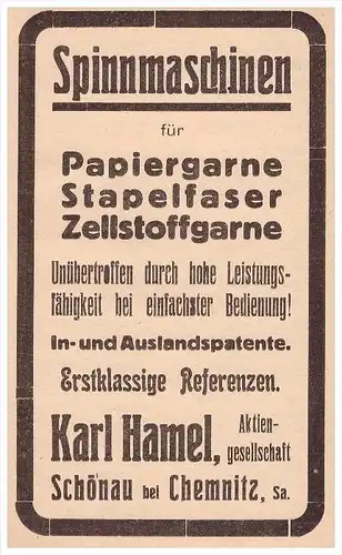 original Werbung - 1915 - Karl Hamel in Schönau b. Chemnitz , Spinnmaschine , Spinnerei !!!