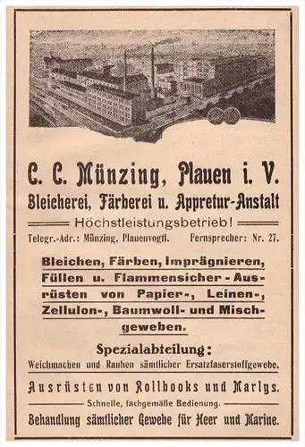 original Werbung - 1915 - C.C. Münzing in Plauen i.V. , Bleicherei , Färberei für Heer und Marine !!!