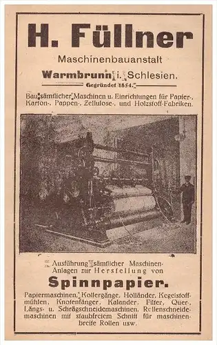 original Werbung - 1915 - H. Füllner in Warmbrunn i. Schlesien , Maschinenbau , Cieplice Slaskie-Zdroj !!!