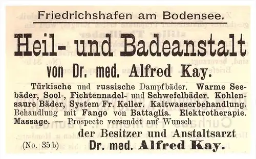 original Werbung - 1898 - Heilanstalt Dr. med. Alfred Kay in Friedrichshafen a. Bodensee , Kur , Arzt , Apotheke !!!