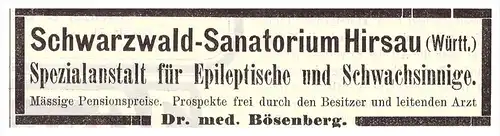 original Werbung - 1907 - Sanatorium Hirsau b. Calw , Nervenarzt  , Dr. Bösenberg , Arzt , Apotheke !!!