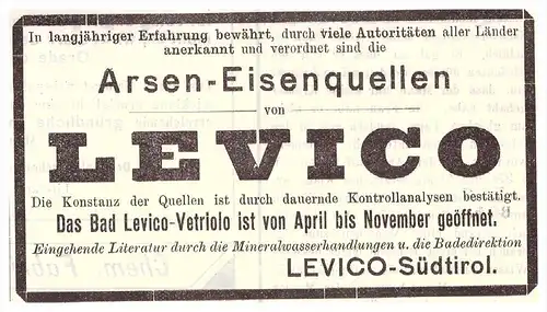 original Werbung - 1907 - Levico Terme , Südtirol , Arsen - Eisenquellen ,  Löweneck , Arzt , Apotheke !!!