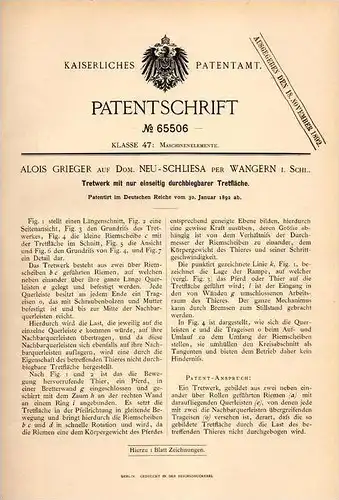 Original Patentschrift - A. Grieger in Neu Schliesa b. Wangern , Schlesien , 1892 , Tretwerk , Karussell , Wegry !!!