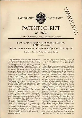 Original Patentschrift - H. Brüning in Zetel , Oldenburg , 1898 , Maschine zum Färben und Bleichen , Garn !!!