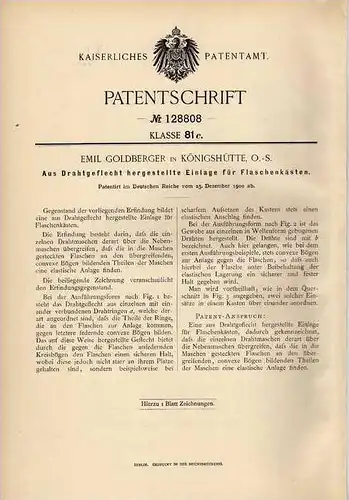 Original Patentschrift - E. Goldberger in Königshütte , 1900, Flaschenkasten , Bierkasten , Flaschen !!!