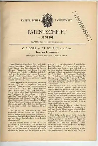 Original Patentschrift -  C. Dörr in St.Johann a. der Saar , 1886 , Backapparat  , Bäckerei , Bäcker !!