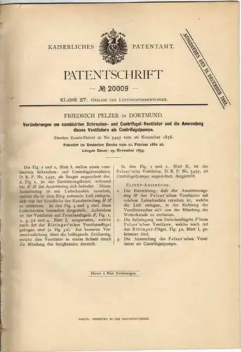 Original Patentschrift - F. Pelzer in Dortmund , 1882 , Centrifugal - Ventilator !!!
