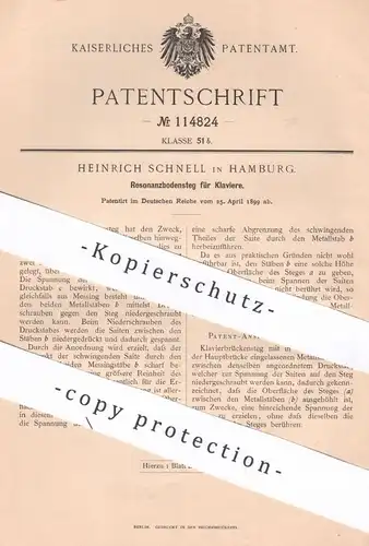 original Patent - Heinrich Schnell , Hamburg , 1899 , Resonanzbodensteg f. Klaviere | Klavier , Piano , Tastatur , Musik
