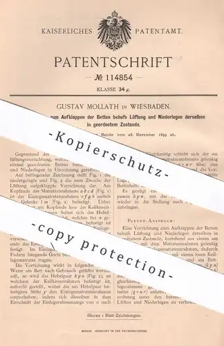 original Patent - Gustav Mollath , Wiesbaden , 1899 , Aufklappen von Betten zum Lüften | Bett , Matratze , Möbel