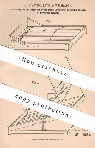 original Patent - Gustav Mollath , Wiesbaden , 1899 , Aufklappen von Betten zum Lüften | Bett , Matratze , Möbel