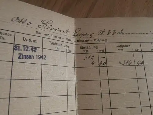 altes Sparbuch Leipzig , 1942 , Otto Kleint , Sparkasse , Bank !!!