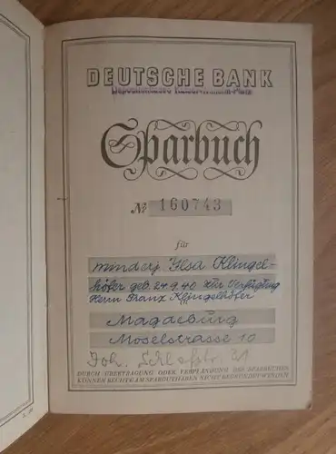 altes Sparbuch Magdeburg , 1940 - 1946 , Ilsa Klingelhöfer , Moselstrasse , Sparkasse , Bank !!!