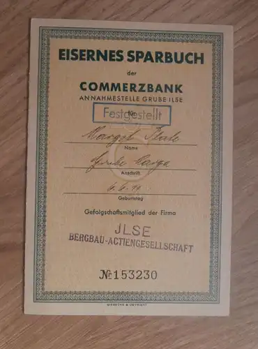 altes Sparbuch Grube Marge , 1941 - 1942 , Jlse Bergbau AG , Margot Plate , Sparkasse , Bank !!!