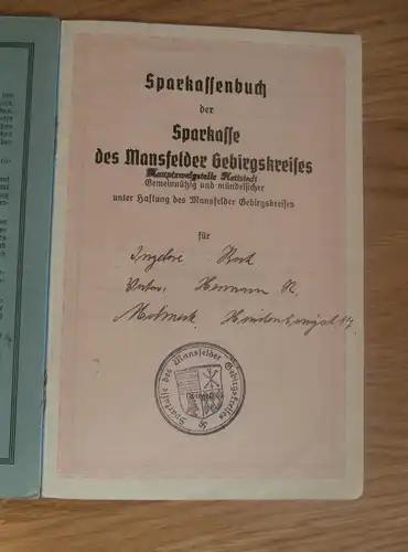 altes Sparbuch Hettstedt , 1940 - 1946 , Ingelore Koch  , Sparkasse , Bank !!!