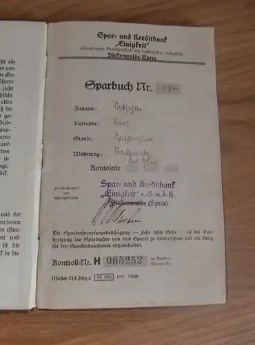 altes Sparbuch Fürstenwalde / Spree , Rottwitz / Meißen , 1942 , Karl Nitschke , Sparkasse , Bank !!!