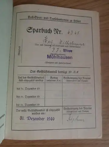 altes Sparbuch Mühlhausen , 1940 - 1946 , Wilhelmine Hey , Sparkasse , Bank !!!