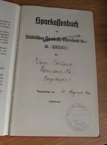 altes Sparbuch Ebersbach i. Sa. , 1940 - 1946 , Klaus Pohlenz , Bergstrasse , Sparkasse , Bank !!!