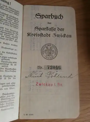 altes Sparbuch Zwickau , 1936 - 1944 , Kurt Pöhland , Sparkasse , Bank !!!