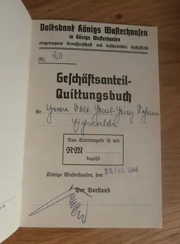 altes Sparbuch Eichenwalde / Königs Wusterhausen, 1944 , Sparkasse , Bank !!!