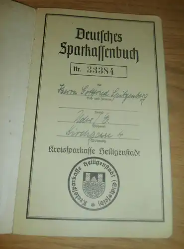 altes Sparbuch Uder / Heiligenstadt ,1942 - 1943 , Gottfried Spitzenberg , Kirchgasse , Sparkasse , Bank !!!
