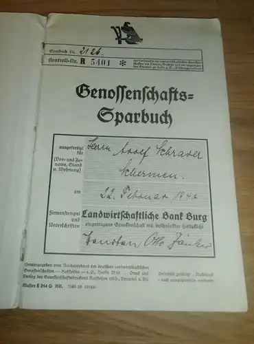 altes Sparbuch Schermen / Burg ,1940 -  März 1945 , Adolf Schrarer , Sparkasse , Bank !!!