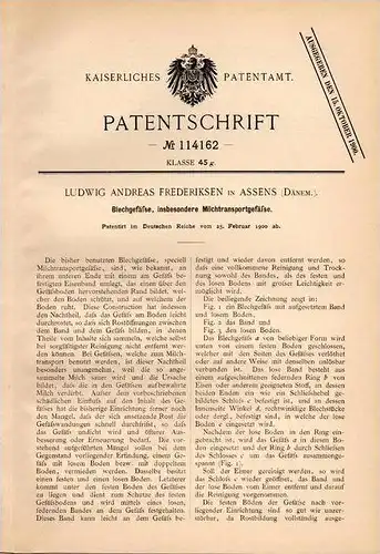 Original Patentschrift - L. Frederiksen in Assens , Dänemark , 1900 , Milchkanne , Milch , Kanne !!!