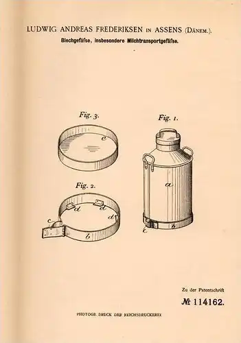 Original Patentschrift - L. Frederiksen in Assens , Dänemark , 1900 , Milchkanne , Milch , Kanne !!!