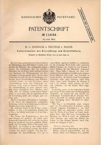 Original Patentschrift - H. Kneesch in Neufeld b. Marne , 1899 , Futterbehälter zur Selbstfütterung , Tierzucht !!!