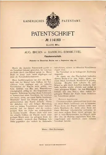 Original Patentschrift - Aug. Bruhn in Hamburg - Eimsbüttel , 1899 , Flaschenverschluß , Flaschen , Bierflasche !!!