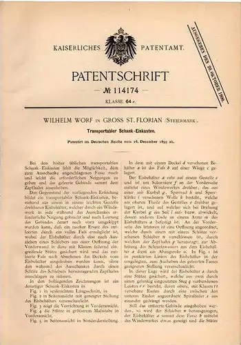 Original Patentschrift - W. Worf in Groß St. Florian , Steiermark , 1899 , Schank - Eisschrank , Gefrierschrank !!!