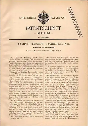 Original Patentschrift - B. Venschott in Schermbeck , Rhld., 1899 , Meßapparat für Flüssigkeiten !!!