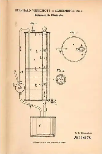 Original Patentschrift - B. Venschott in Schermbeck , Rhld., 1899 , Meßapparat für Flüssigkeiten !!!