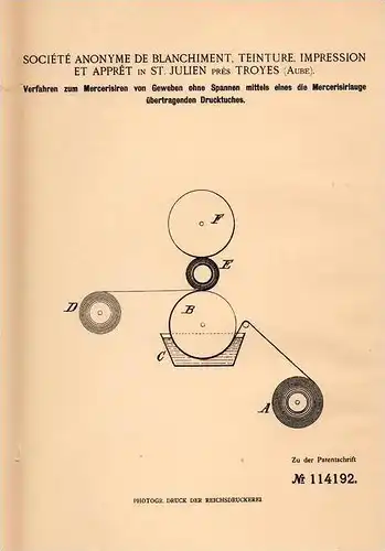 Original Patentschrift - Société de Teinture et Apprét in Saint Julien pres Troyes , Aube , 1898 , Gewebe - Mercerisien