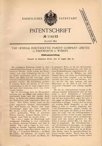 Original Patentschrift - The Electrolytic Parent Comp. in Farnworth in Widnes , 1899 , Elektroden - Einrichtung !!!