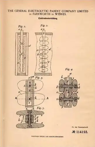 Original Patentschrift - The Electrolytic Parent Comp. in Farnworth in Widnes , 1899 , Elektroden - Einrichtung !!!