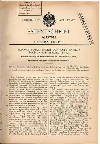 Original Patentschrift - Sadorus Rotary Engine in Sarilda , Idaho , 1905 , Kolbensteuerung für Kraftmaschinen !!!