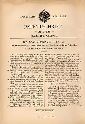 Original Patentschrift - C. Roscher Söhne in Mittweida , 1905 , Farbmuster für Rundstrickmaschine , Strickerrei !!!