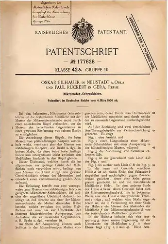 Original Patentschrift - O. Eilhauer in Neustadt a. Orla und Gera , 1906 , Mikrometer - Schraublehre !!!