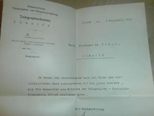 Telegraphie - Kontrollkommission 1914-15 , Militär , Geheim , Dr. J. Vodoz , Telegraph , telegraphy , Zürich , Telegramm