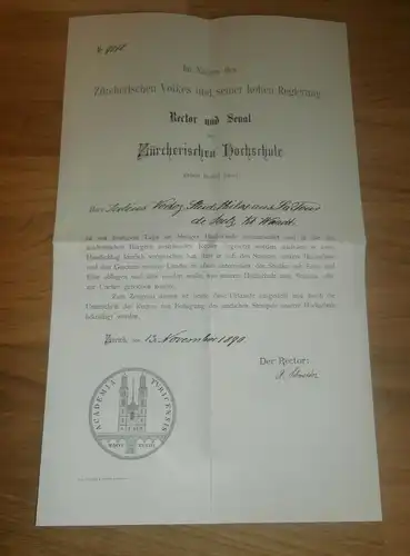 Zeugnis der Hochschule Zürich , 1890 ,  für Dr. Vodoz , La Tour de Peilz , Waadt ,  mit Autograph !!