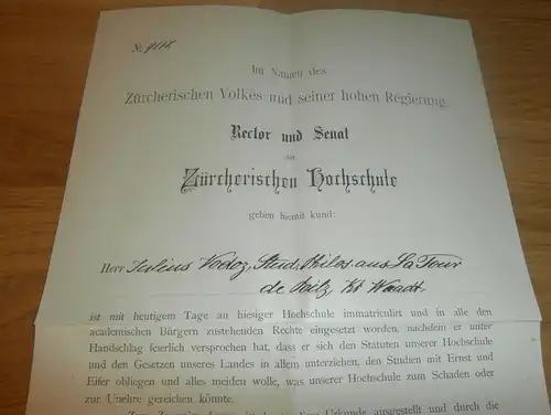 Zeugnis der Hochschule Zürich , 1890 ,  für Dr. Vodoz , La Tour de Peilz , Waadt ,  mit Autograph !!