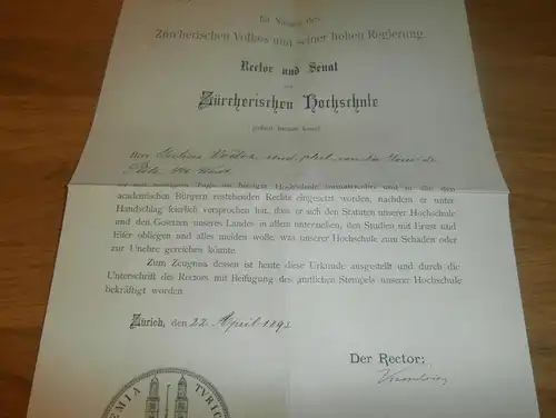 Zeugnis der Hochschule Zürich , 1893 ,  für Dr. Vodoz , La Tour de Peilz , Waadt ,  mit Autograph !!