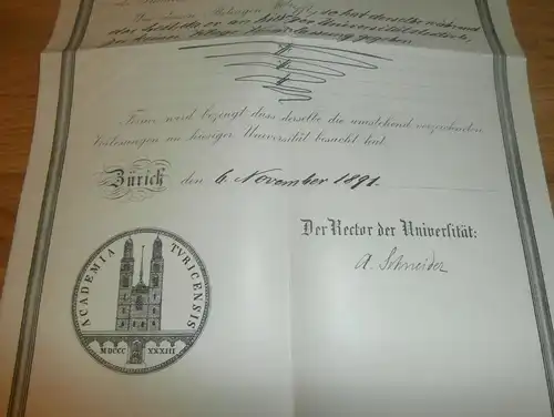 Zeugnis der Universität Zürich , 1891,  für Dr. Vodoz , La Tour de Peilz , Waadt ,  mit Autograph !!