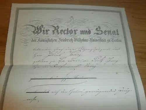 Urkunde / Zeugnis königliche Friedrich Wilhelm Universität Berlin , 1889 , Dr. Vodoz , La Tour de Peilz , mit Autograph