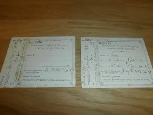 2x Ausweis , 1888 , Honourable Artillery Company , Finsbury London , Dr. Vodoz ,  mit Autograph !!!