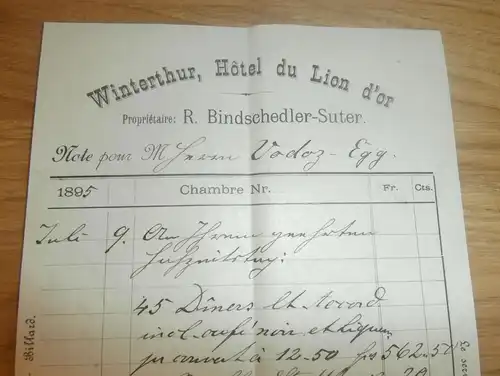 Winterthur , Hotel du Lion d`or , 1895 , Dokument R. Bindschedler - Suter an Dr. Vodoz , mit Autograph !!!