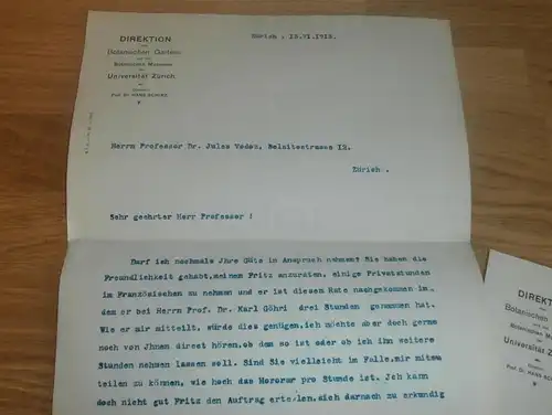 3x Briefe Prof. Dr. Hans Schinz an Dr. Vodoz , 1913 , Botanischer Garten und Museum Zürich , mit Autograph  !!!