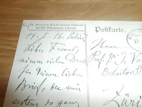 Dr. Richard Biedermann-Imhoof , Eutin , 1914/15 , 3 Schreiben aus Nachlass , an Dr. J. Vodoz , mit Autograph !!!